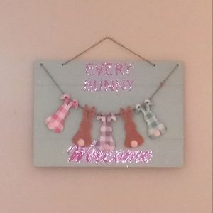 All🐥3/$25 🐰"Every Bunny Welcome" Sparkling Wooden Easter Wall Art Decor NWT